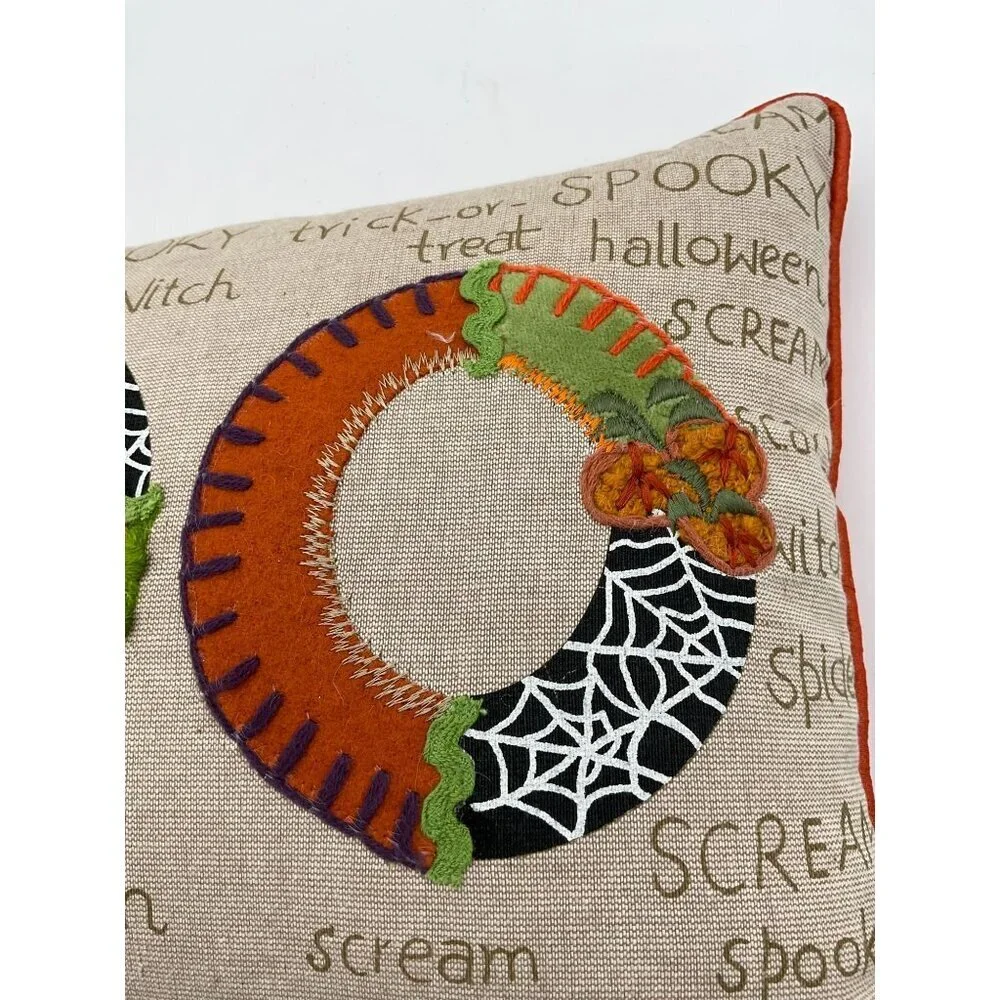 Pier 1 Halloween BOO Applique Embroidered Letters Spider Webs Word Art Pillow